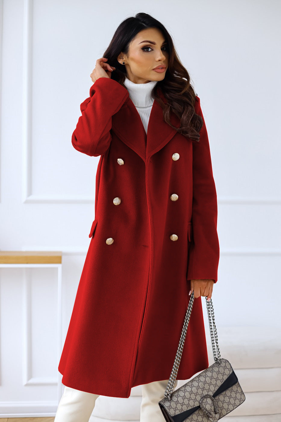 Long Sleeve Double-Breasted Wool Coat