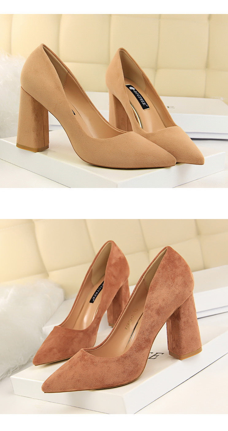 Simple Thick Heel Pointed Toe Suede Pumps – Business Office Shoes