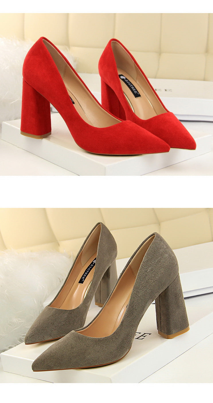 Simple Thick Heel Pointed Toe Suede Pumps – Business Office Shoes