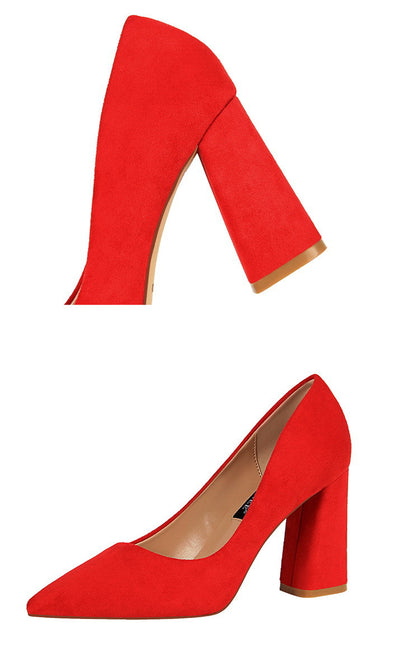 Simple Thick Heel Pointed Toe Suede Pumps – Business Office Shoes