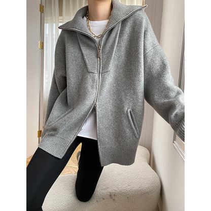 Double Zipper Oversized Collared Knitted Cardigan Sweater