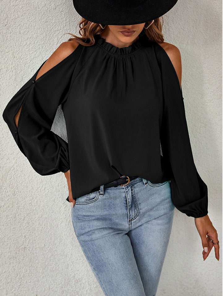 Women Solid Color Off-Shoulder Pleated Blouse