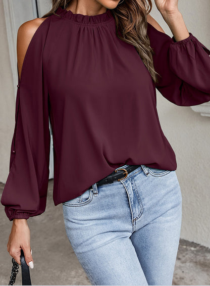 Women Solid Color Off-Shoulder Pleated Blouse