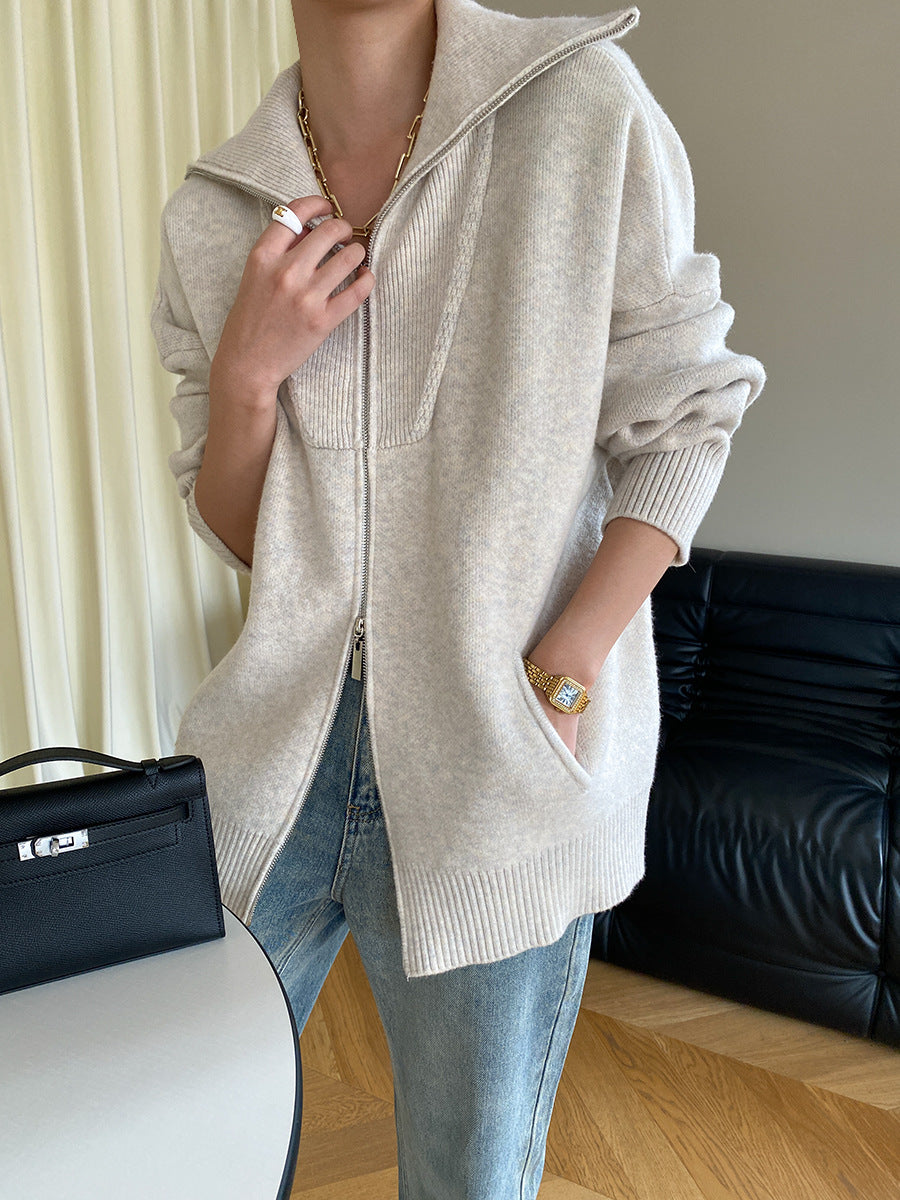 Double Zipper Oversized Collared Knitted Cardigan Sweater