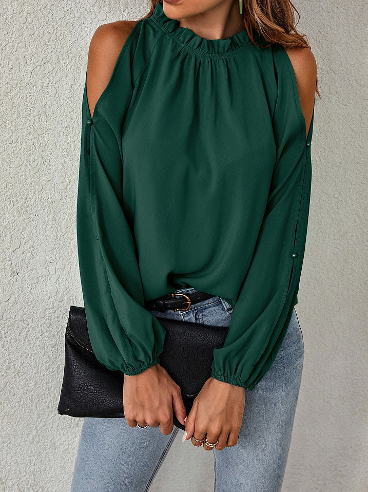 Women Solid Color Off-Shoulder Pleated Blouse