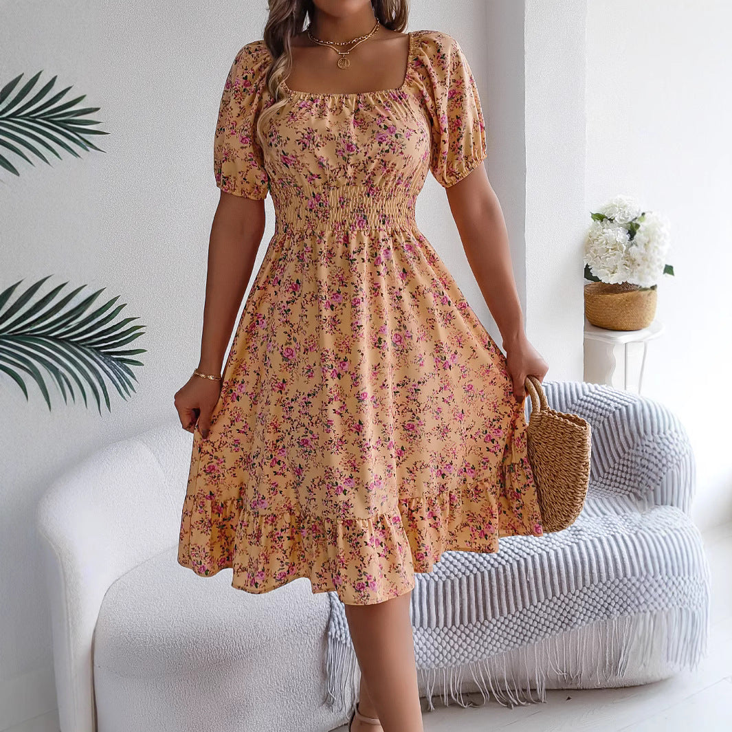 Women's Spring Summer Floral Square Collar A-Line Dress