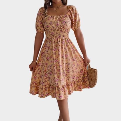 Women's Spring Summer Floral Square Collar A-Line Dress