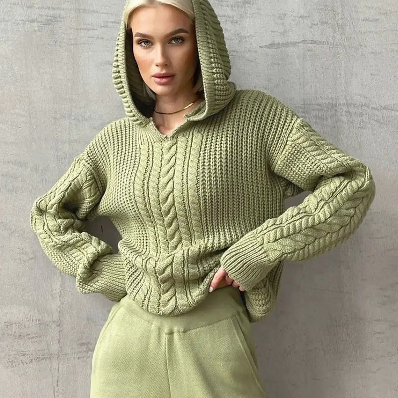 Street Style Hooded Long Sleeve Knitted Sweater