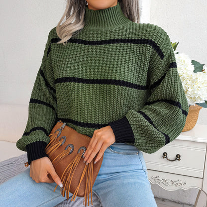 Striped Lantern Sleeve Half Turtleneck Sweater