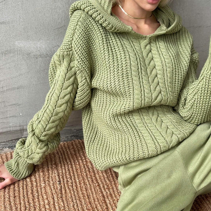 Street Style Hooded Long Sleeve Knitted Sweater