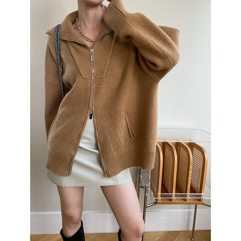 Double Zipper Oversized Collared Knitted Cardigan Sweater