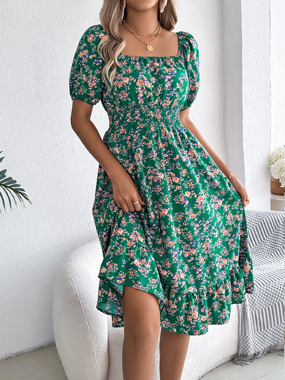 Women's Spring Summer Floral Square Collar A-Line Dress