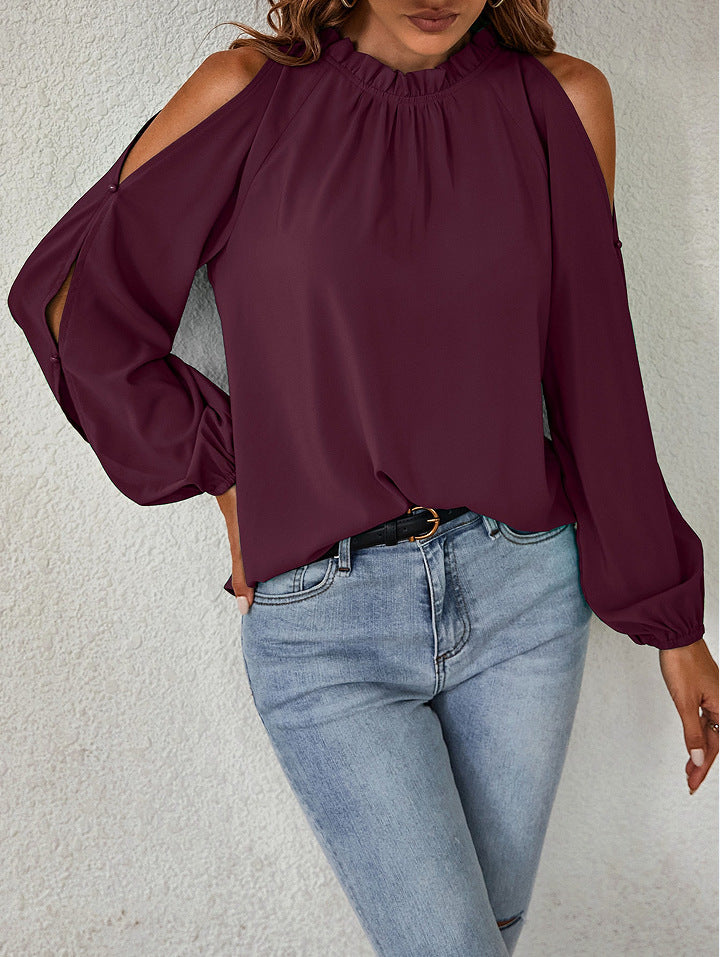 Women Solid Color Off-Shoulder Pleated Blouse