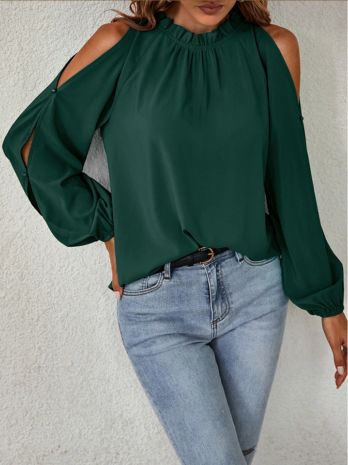 Women Solid Color Off-Shoulder Pleated Blouse