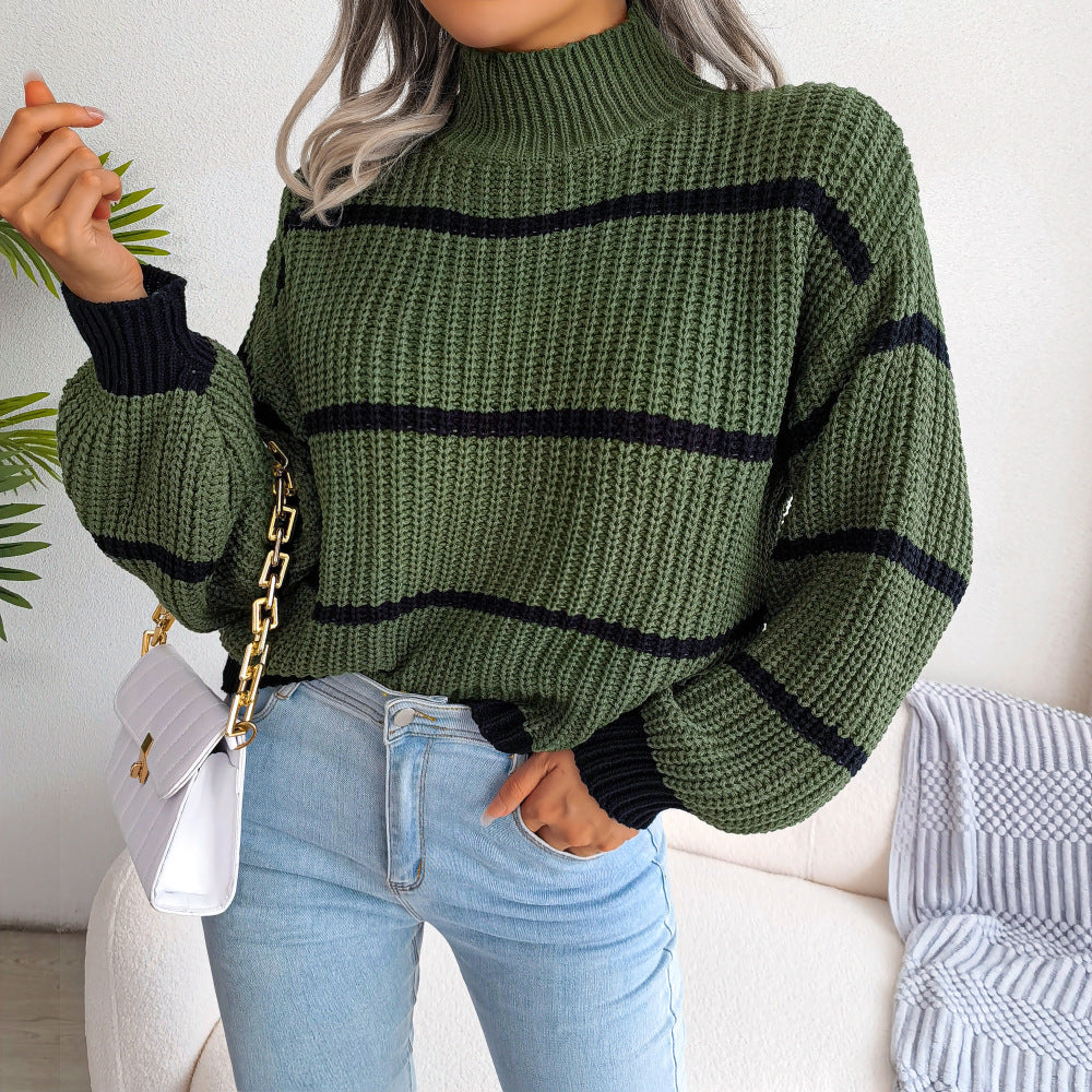 Striped Lantern Sleeve Half Turtleneck Sweater