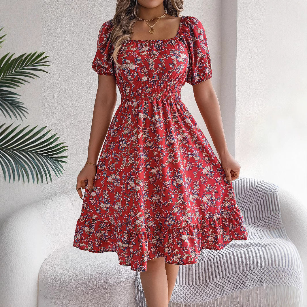 Women's Spring Summer Floral Square Collar A-Line Dress