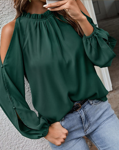 Women Solid Color Off-Shoulder Pleated Blouse