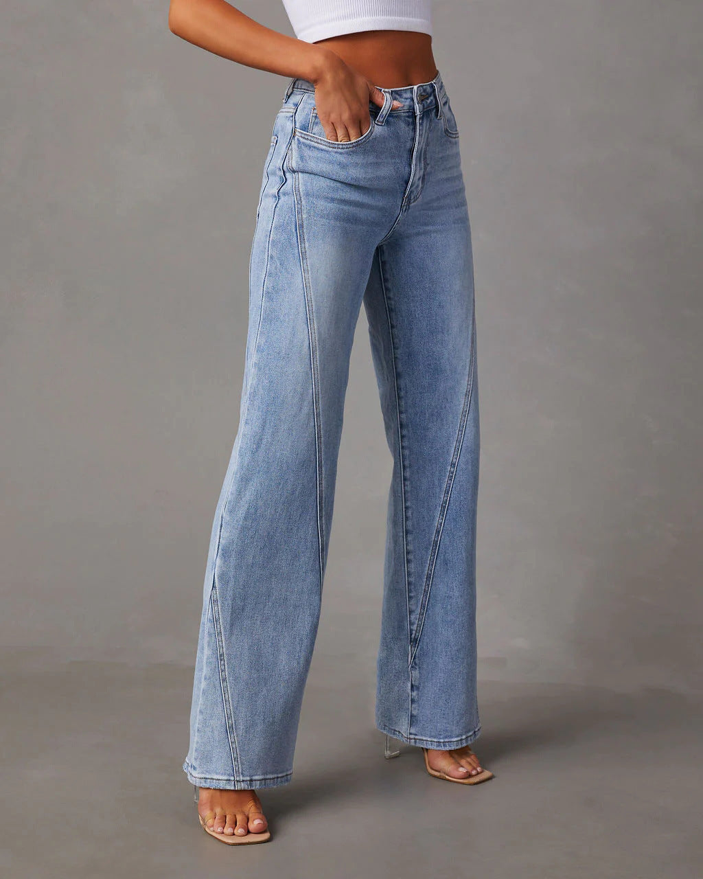 Women's High Waist Loose Fit Denim Trousers with Holes