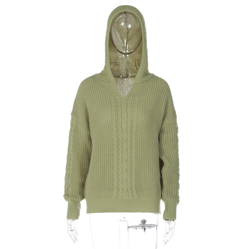 Street Style Hooded Long Sleeve Knitted Sweater