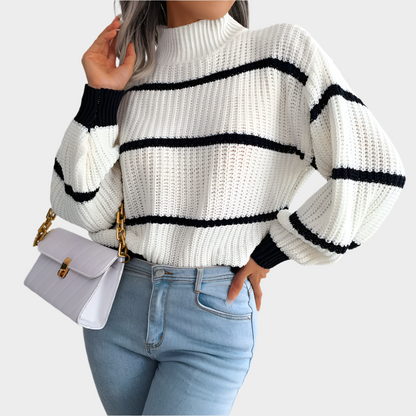 Striped Lantern Sleeve Half Turtleneck Sweater