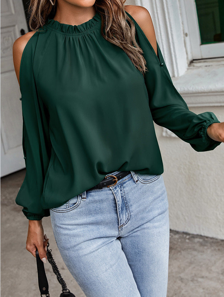 Women Solid Color Off-Shoulder Pleated Blouse