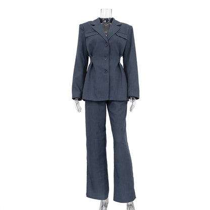 Women's Spring Collared Waist Blazer & Trousers Suit