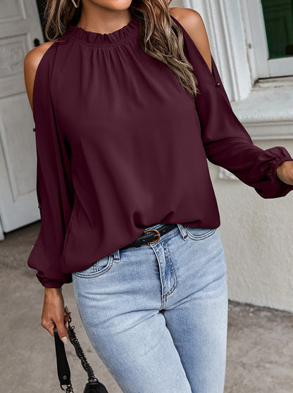 Women Solid Color Off-Shoulder Pleated Blouse