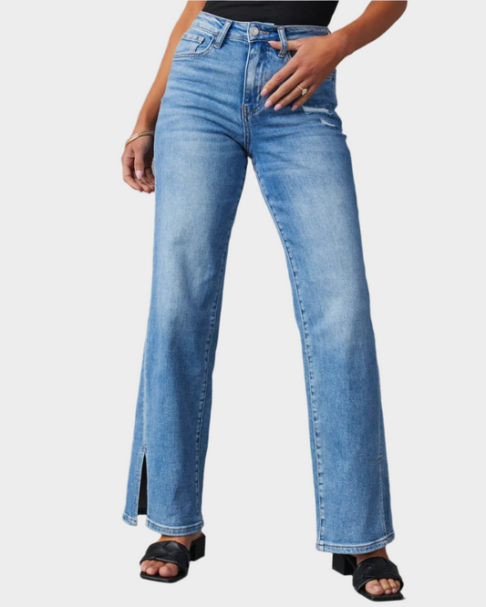 Women's High Waist Split Straight Stretch Jeans