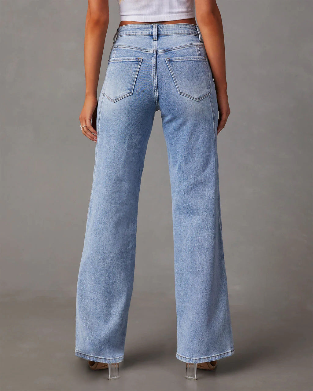 Women's High Waist Loose Fit Denim Trousers with Holes